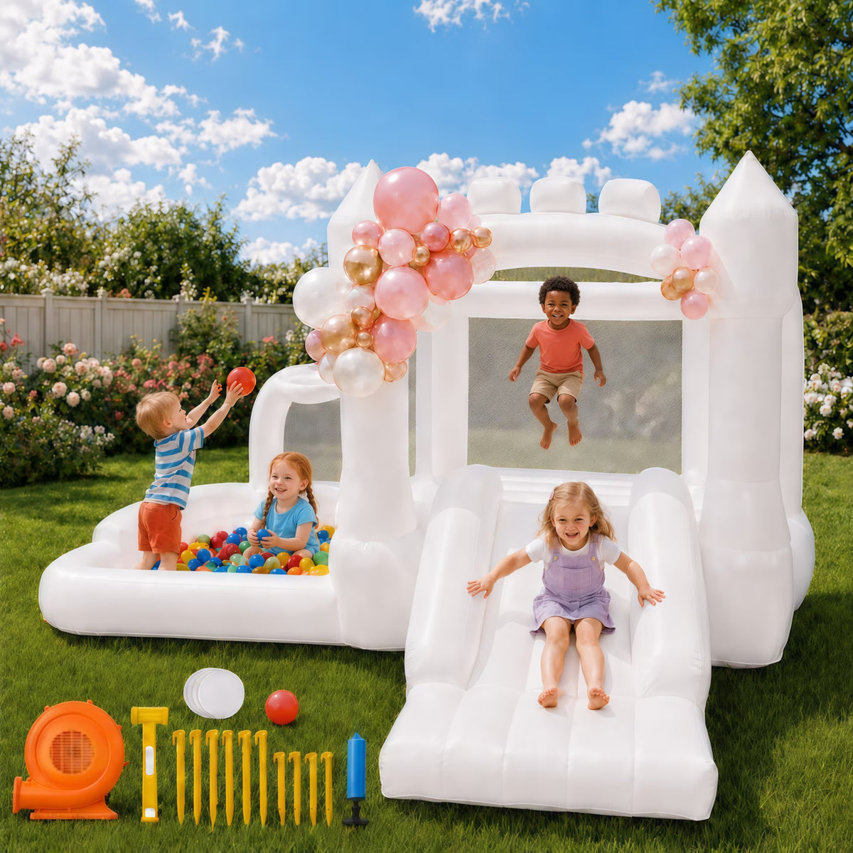 Dexvoria White 4-in-1 Inflatable Bounce House for Kids Ages 3+, with 350W Air Blower, Slide, Ball Pit & Basketball Hoop, Indoor Outdoor Backyard Playset for 4 Kids, 397 lbs Max, 10.76x9.58x5.97 ft