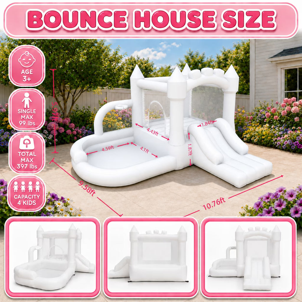 Dexvoria White 4-in-1 Inflatable Bounce House for Kids Ages 3+, with 350W Air Blower, Slide, Ball Pit & Basketball Hoop, Indoor Outdoor Backyard Playset for 4 Kids, 397 lbs Max, 10.76x9.58x5.97 ft