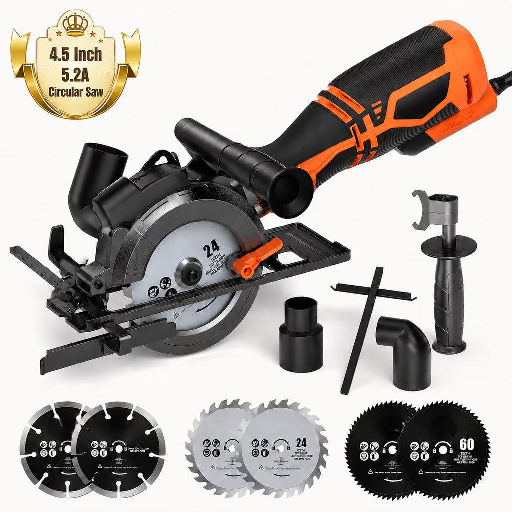 4.5" Mini Circular Saw with Laser Guide, 5.2A 7000RPM, Max Cut 43mm, 6 Blades for Wood/Metal/Tile, Dual Metal Side Handle, Perfect DIY Power Tool Gift
