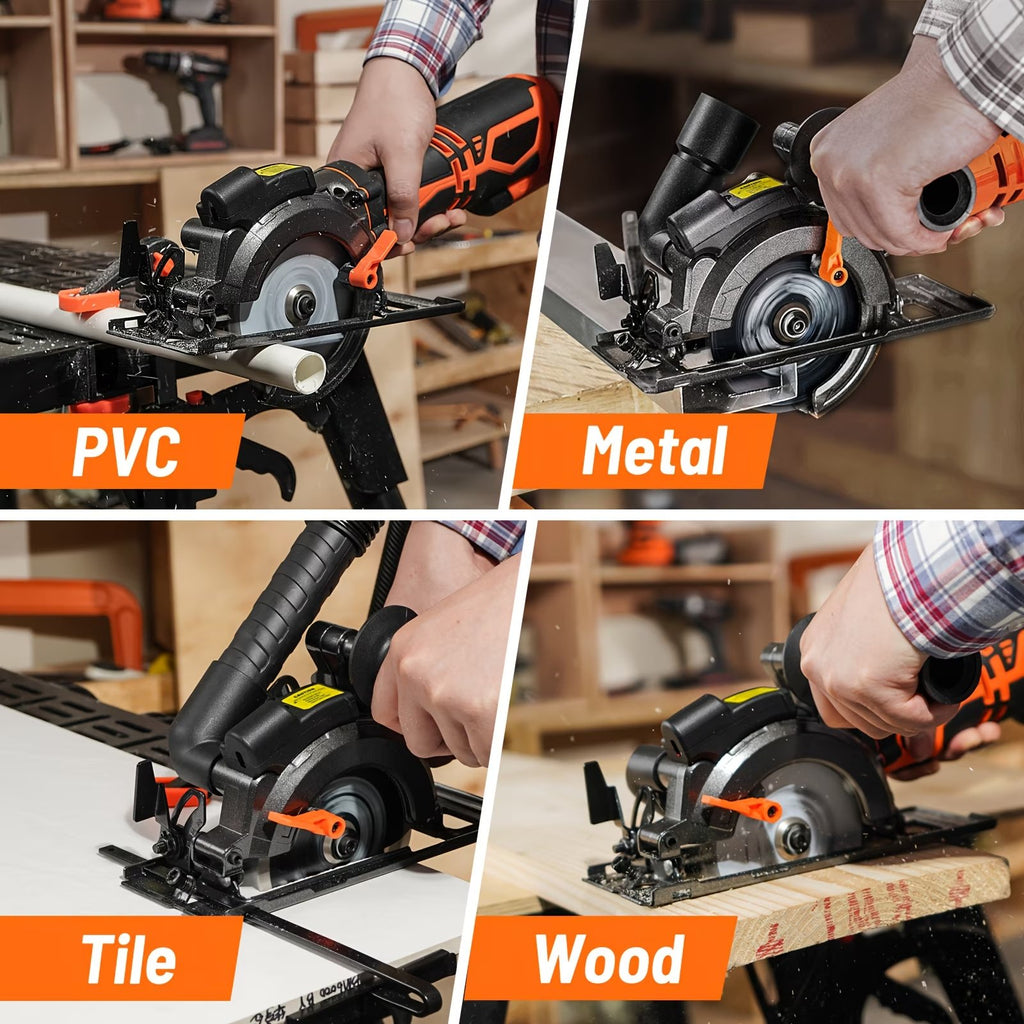 4.5" Mini Circular Saw with Laser Guide, 5.2A 7000RPM, Max Cut 43mm, 6 Blades for Wood/Metal/Tile, Dual Metal Side Handle, Perfect DIY Power Tool Gift