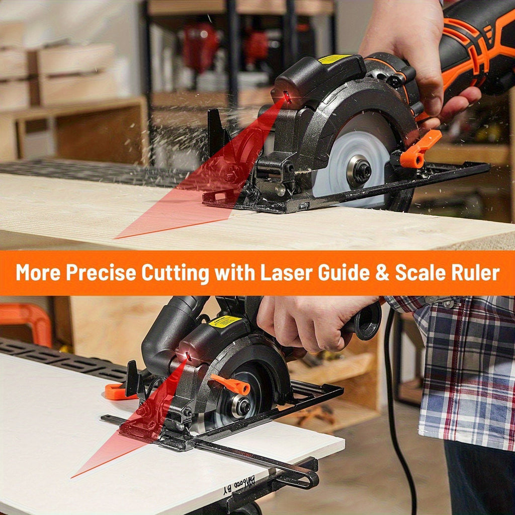 4.5" Mini Circular Saw with Laser Guide, 5.2A 7000RPM, Max Cut 43mm, 6 Blades for Wood/Metal/Tile, Dual Metal Side Handle, Perfect DIY Power Tool Gift