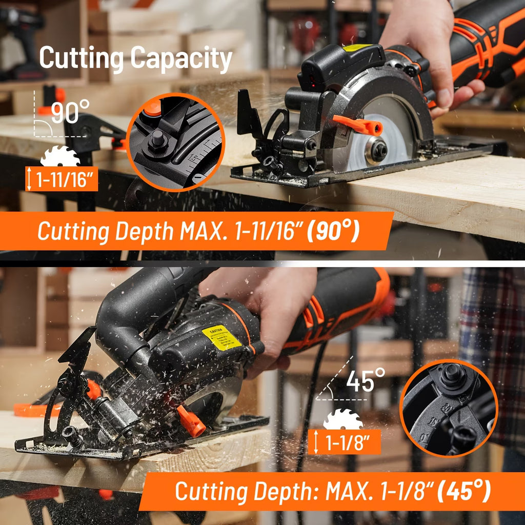 4.5" Mini Circular Saw with Laser Guide, 5.2A 7000RPM, Max Cut 43mm, 6 Blades for Wood/Metal/Tile, Dual Metal Side Handle, Perfect DIY Power Tool Gift
