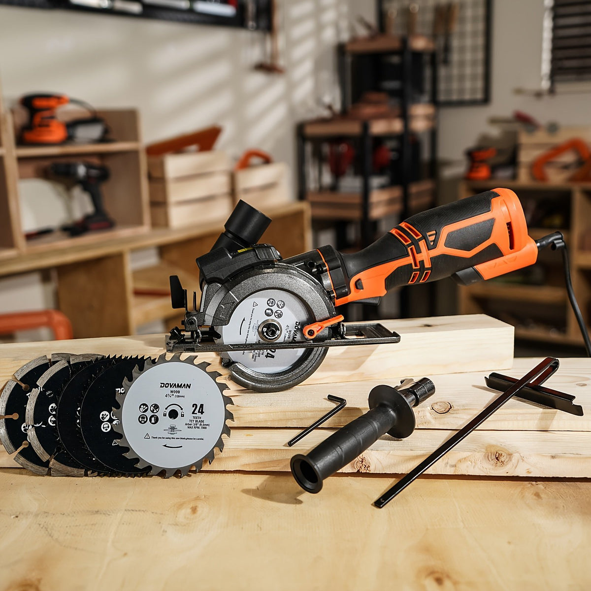 4.5" Mini Circular Saw with Laser Guide, 5.2A 7000RPM, Max Cut 43mm, 6 Blades for Wood/Metal/Tile, Dual Metal Side Handle, Perfect DIY Power Tool Gift
