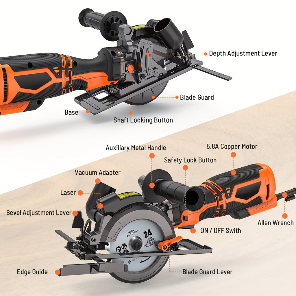 4.5" Mini Circular Saw with Laser Guide, 5.2A 7000RPM, Max Cut 43mm, 6 Blades for Wood/Metal/Tile, Dual Metal Side Handle, Perfect DIY Power Tool Gift