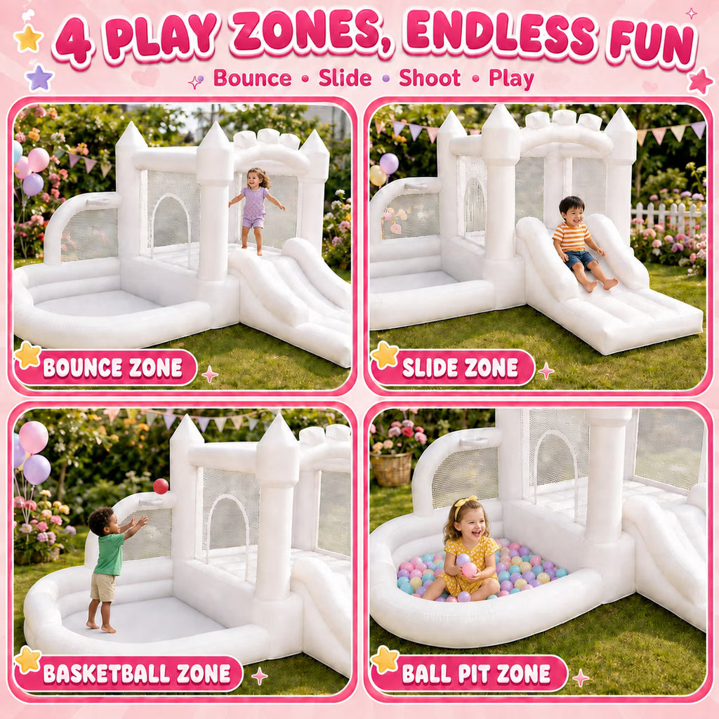 Dexvoria White 4-in-1 Inflatable Bounce House for Kids Ages 3+, with 350W Air Blower, Slide, Ball Pit & Basketball Hoop, Indoor Outdoor Backyard Playset for 4 Kids, 397 lbs Max, 10.76x9.58x5.97 ft