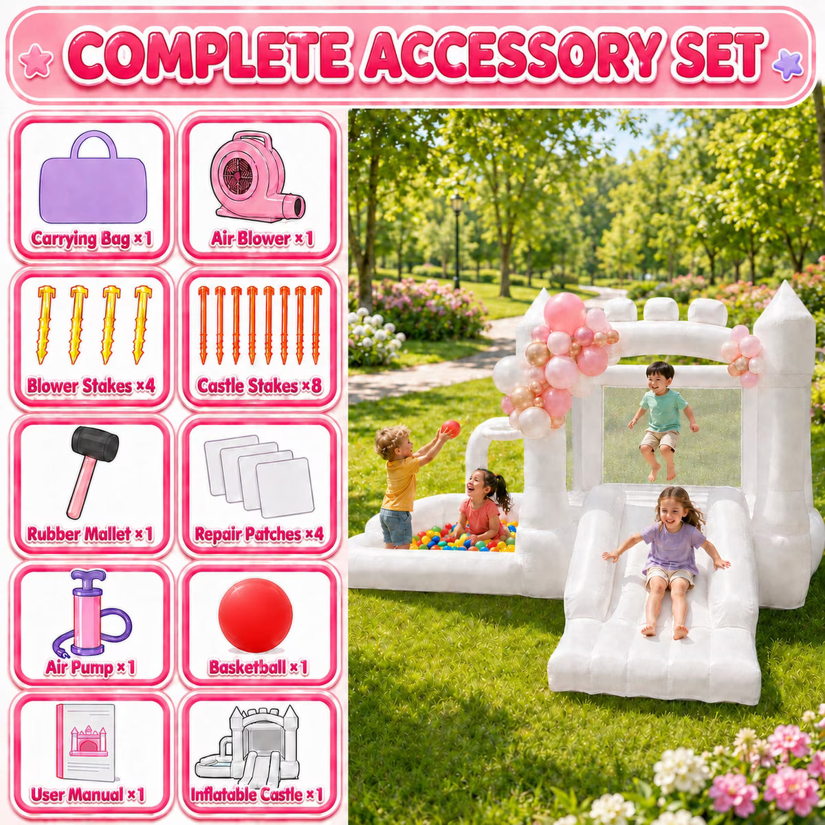 Dexvoria White 4-in-1 Inflatable Bounce House for Kids Ages 3+, with 350W Air Blower, Slide, Ball Pit & Basketball Hoop, Indoor Outdoor Backyard Playset for 4 Kids, 397 lbs Max, 10.76x9.58x5.97 ft