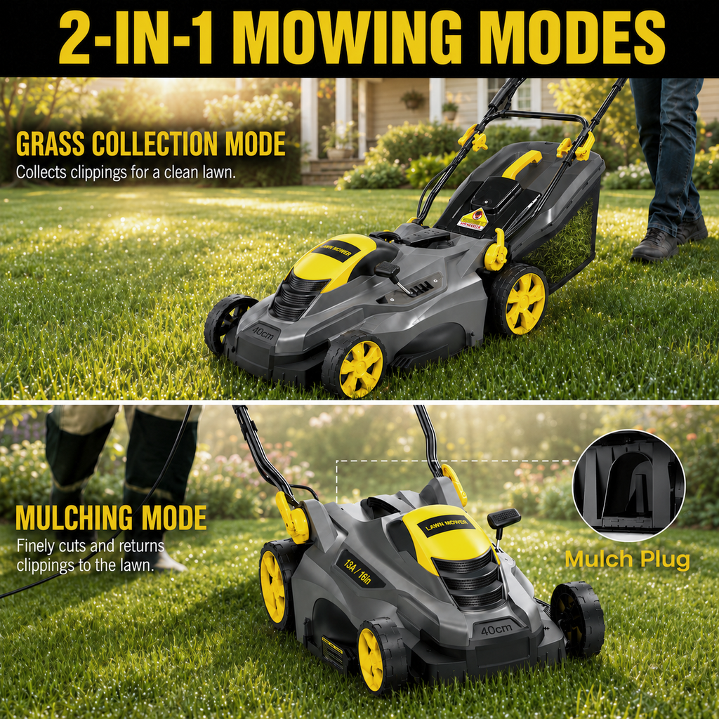 Dexvoria 16-Inch Corded Electric Lawn Mower, 13A Motor, 3500RPM, 2-in-1 Mulch & Collect, 5-Level Height Adjust, 13 Gal Bag, Lightweight