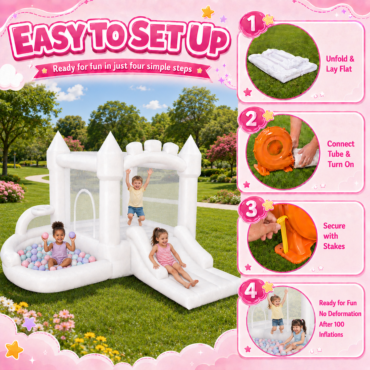 Dexvoria White 4-in-1 Inflatable Bounce House for Kids Ages 3+, with 350W Air Blower, Slide, Ball Pit & Basketball Hoop, Indoor Outdoor Backyard Playset for 4 Kids, 397 lbs Max, 10.76x9.58x5.97 ft