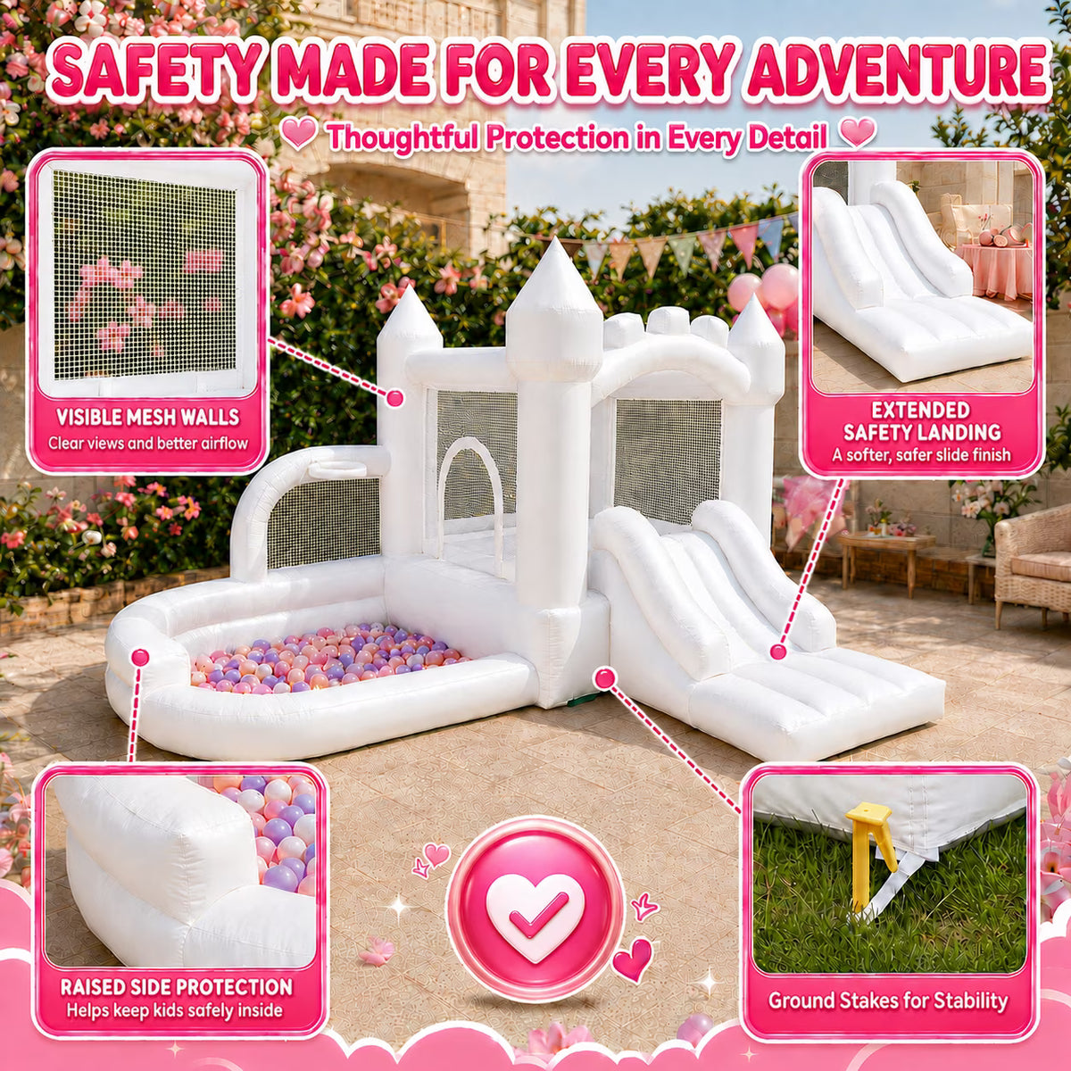 Dexvoria White 4-in-1 Inflatable Bounce House for Kids Ages 3+, with 350W Air Blower, Slide, Ball Pit & Basketball Hoop, Indoor Outdoor Backyard Playset for 4 Kids, 397 lbs Max, 10.76x9.58x5.97 ft