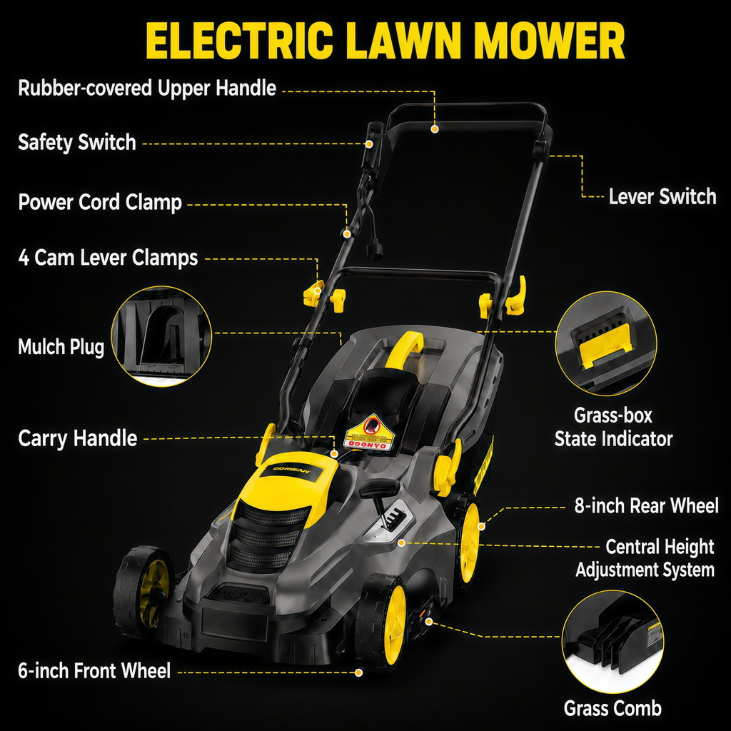 Dexvoria 16-Inch Corded Electric Lawn Mower, 13A Motor, 3500RPM, 2-in-1 Mulch & Collect, 5-Level Height Adjust, 13 Gal Bag, Lightweight