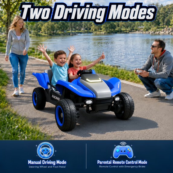 24V 4WD 2-Seater Ride-On Car for Kids – 4×75W Motors, 1.86–4.35 MPH, Low-Gravity Design, Shock-Absorbing, Parent Remote + Manual Drive, Bluetooth/Music/Lights – Birthday & Christmas Gift for Ages 3+