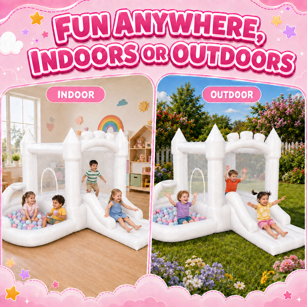 Dexvoria White 4-in-1 Inflatable Bounce House for Kids Ages 3+, with 350W Air Blower, Slide, Ball Pit & Basketball Hoop, Indoor Outdoor Backyard Playset for 4 Kids, 397 lbs Max, 10.76x9.58x5.97 ft