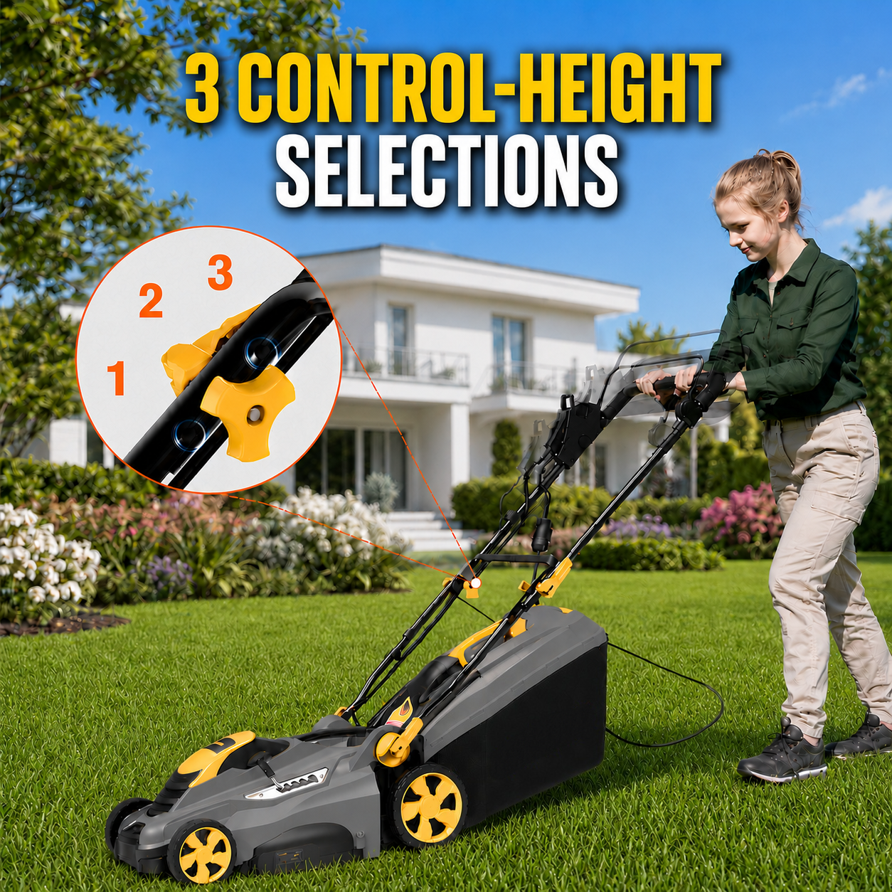 Dexvoria 16-Inch Corded Electric Lawn Mower, 13A Motor, 3500RPM, 2-in-1 Mulch & Collect, 5-Level Height Adjust, 13 Gal Bag, Lightweight