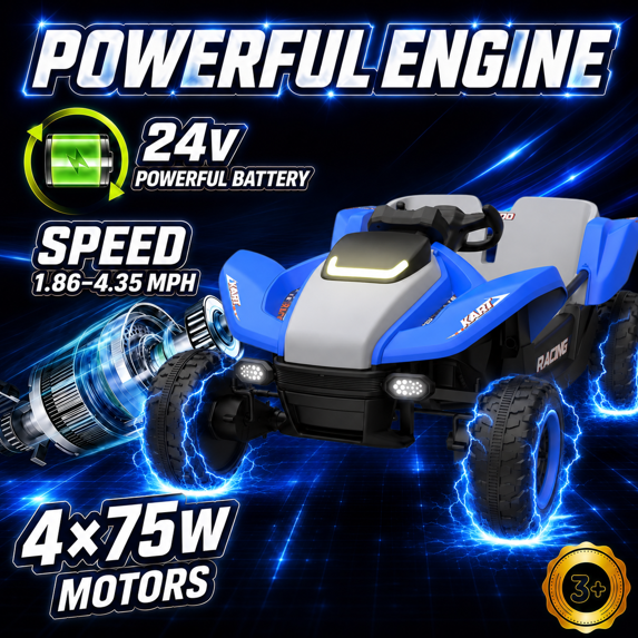 24V 4WD 2-Seater Ride-On Car for Kids – 4×75W Motors, 1.86–4.35 MPH, Low-Gravity Design, Shock-Absorbing, Parent Remote + Manual Drive, Bluetooth/Music/Lights – Birthday & Christmas Gift for Ages 3+