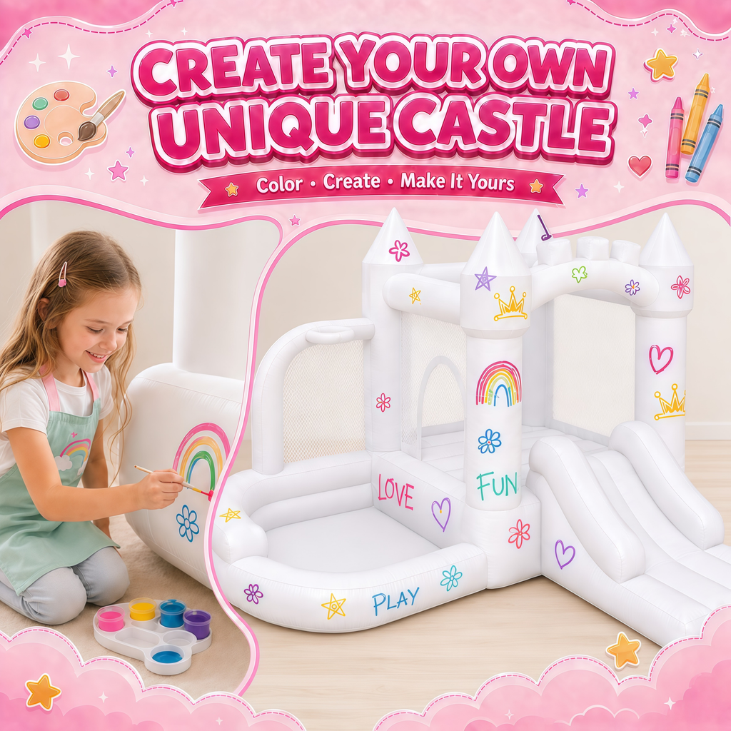 Dexvoria White 4-in-1 Inflatable Bounce House for Kids Ages 3+, with 350W Air Blower, Slide, Ball Pit & Basketball Hoop, Indoor Outdoor Backyard Playset for 4 Kids, 397 lbs Max, 10.76x9.58x5.97 ft